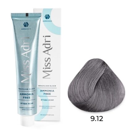 Крем-краска для волос ADRICOCO Miss Adri Brazilian Elixir Ammonia free оттенок 9.12 очень светлый блонд пепельный перламутр. 100 мл