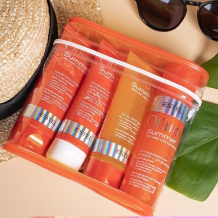 Набор в косметичке "Лето с собой": шампунь 100 мл + бальзам-маска 100 мл + спрей 100 мл + гель для душа 100 мл ESTEL