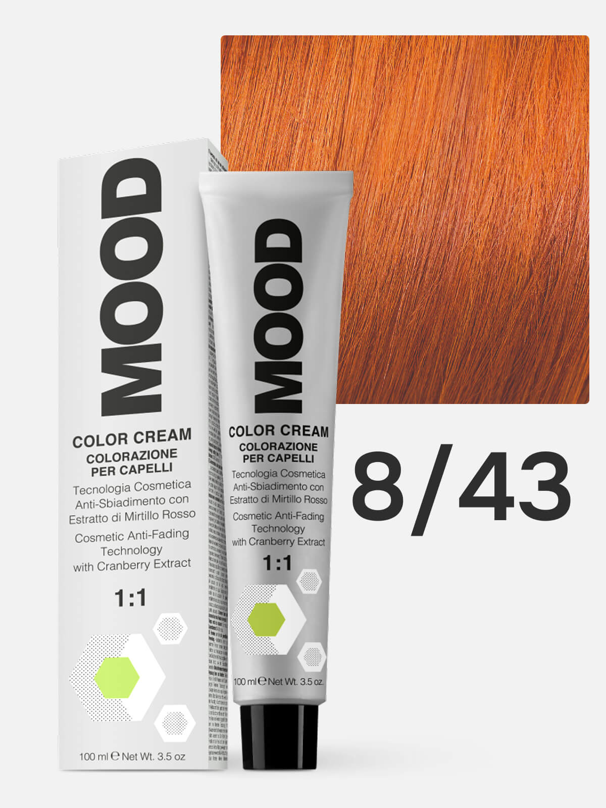 mood Краска для волос 8/43 интенсивный медный золотистый светлый блонд 100мл MOOD Краска для волос 8/43 интенсивный медный золотистый светлый блонд 100мл — изображение 1