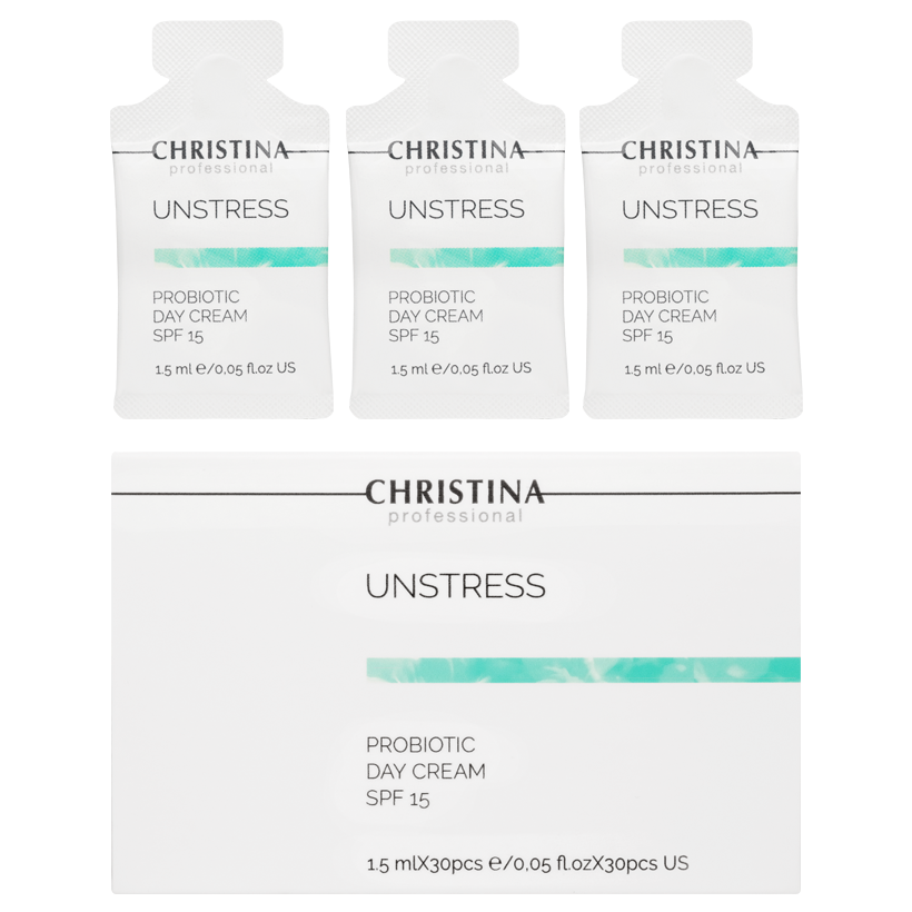 christina unstress probiotic day cream spf15 Дневной крем с пробиотическим действием 1.5 мл*30 шт CHRISTINA Unstress Probiotic Day Cream SPF15 Дневной крем с пробиотическим действием 1.5 мл*30 шт — изображение 1