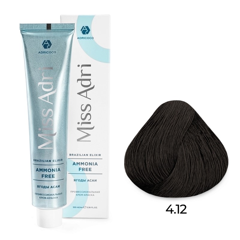 Крем краска для волос adricoco miss adri brazilian elixir ammonia free оттенок 4.12 коричневый пепельный перламутровый 100 мл Крем-краска для волос ADRICOCO Miss Adri Brazilian Elixir Ammonia free оттенок 4.12 коричневый пепельный перламутровый 100 мл — изображение 1