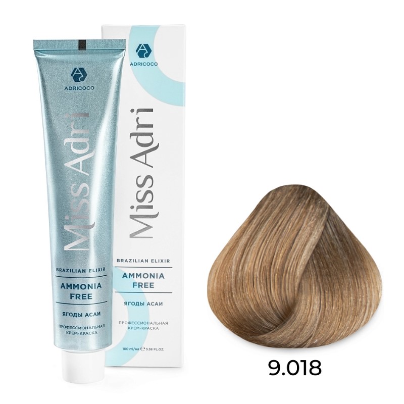 Крем краска для волос adricoco miss adri brazilian elixir ammonia free оттенок 9.018 очень светлый блонд прозрачный лакричный 100мл Крем-краска для волос ADRICOCO Miss Adri Brazilian Elixir Ammonia free оттенок 9.018 очень светлый блонд прозрачный лакричный 100мл — изображение 1