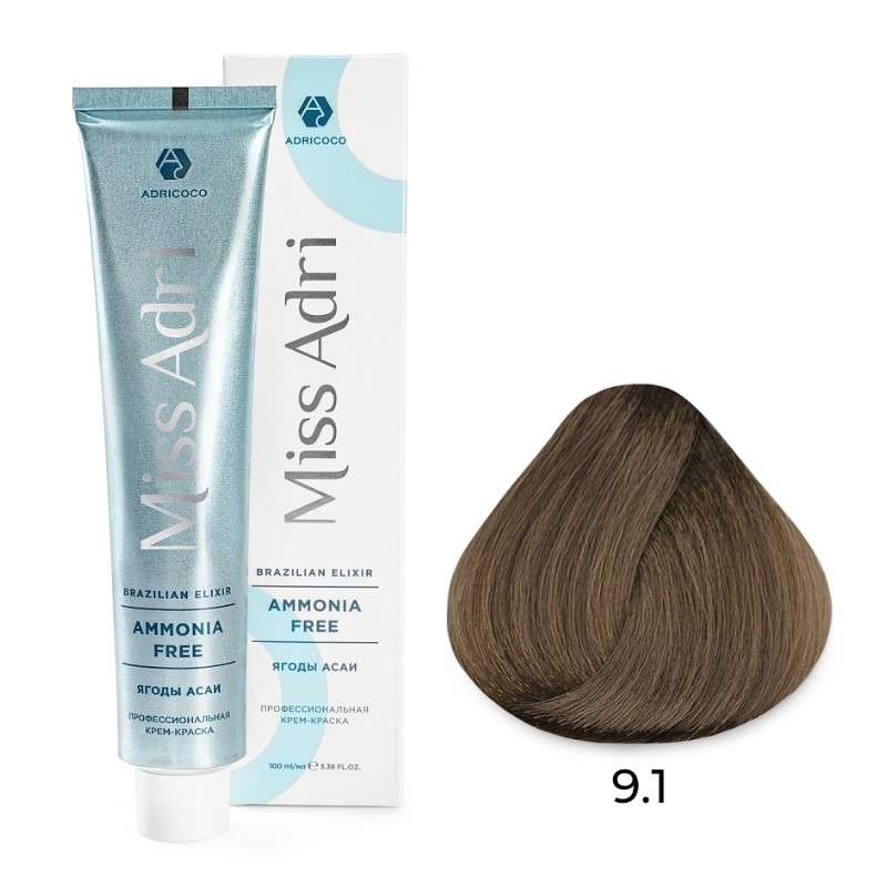 Крем краска для волос adricoco miss adri brazilian elixir ammonia free оттенок 9.1 очень светлый блонд пепельный 100 мл Крем-краска для волос ADRICOCO Miss Adri Brazilian Elixir Ammonia free оттенок 9.1 очень светлый блонд пепельный 100 мл — изображение 1