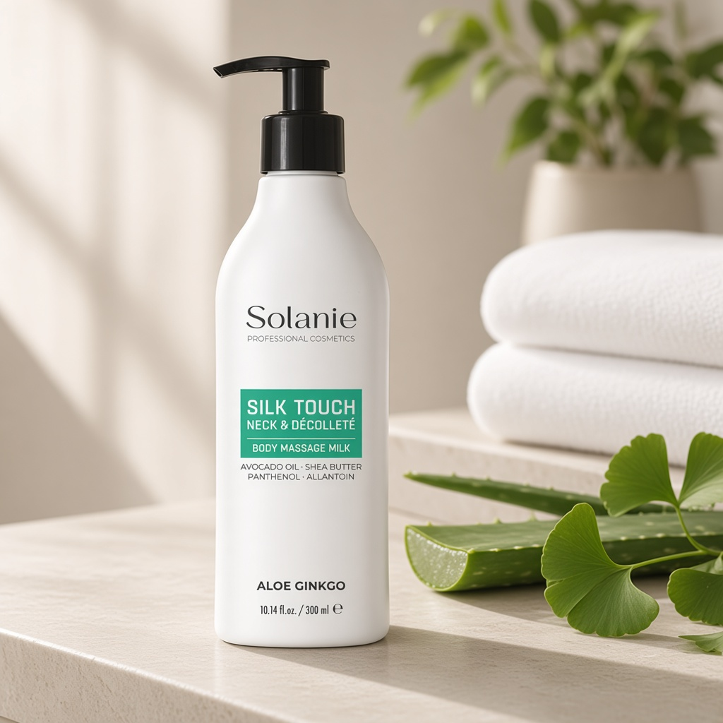 solanie aloe ginkgo silk touch body & massage milk Массажное увлажняющее молочко для шеи декольте и тела 300 мл SOLANIE ALOE GINKGO Silk Touch body & massage milk Массажное увлажняющее молочко для шеи декольте и тела 300 мл — изображение 1