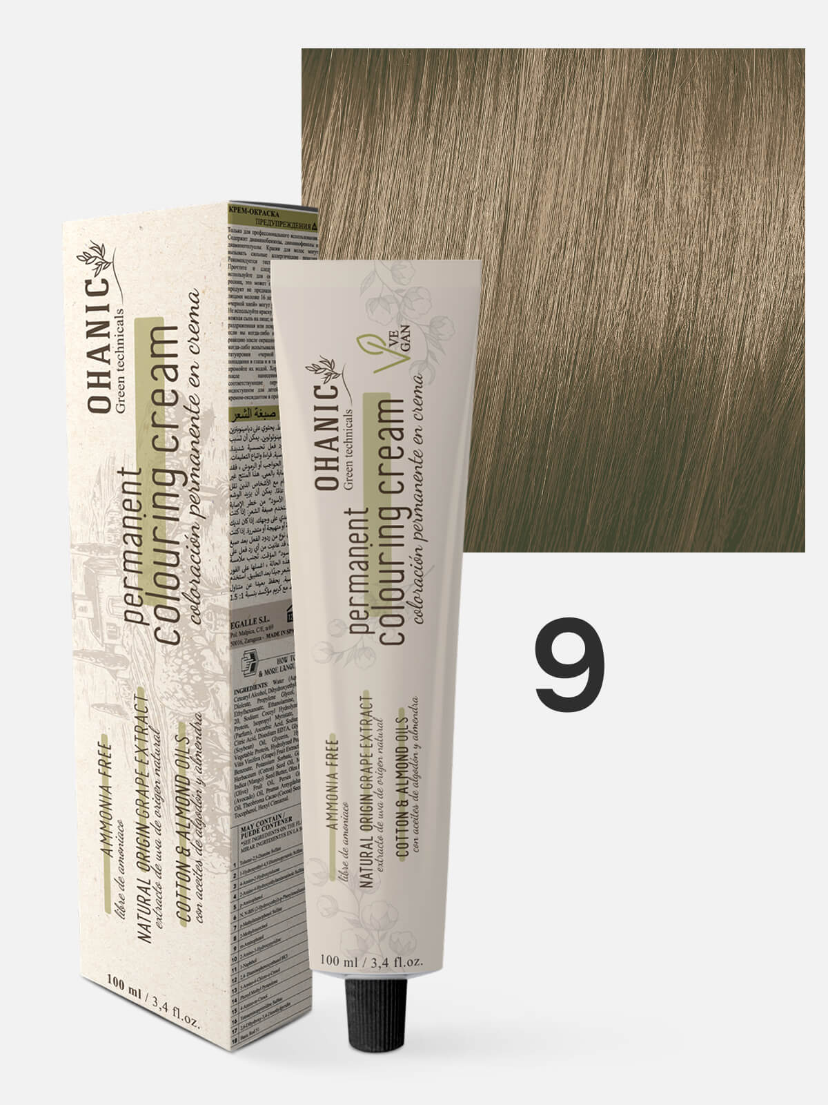 ohanic green technicals Крем краска безаммиачная для волос permanent colouring cream ammonia free 9 очень светлый блонд натуральный 100мл OHANIC GREEN TECHNICALS Крем-краска безаммиачная для волос PERMANENT COLOURING CREAM AMMONIA FREE 9 очень светлый блонд натуральный 100мл — изображение 1