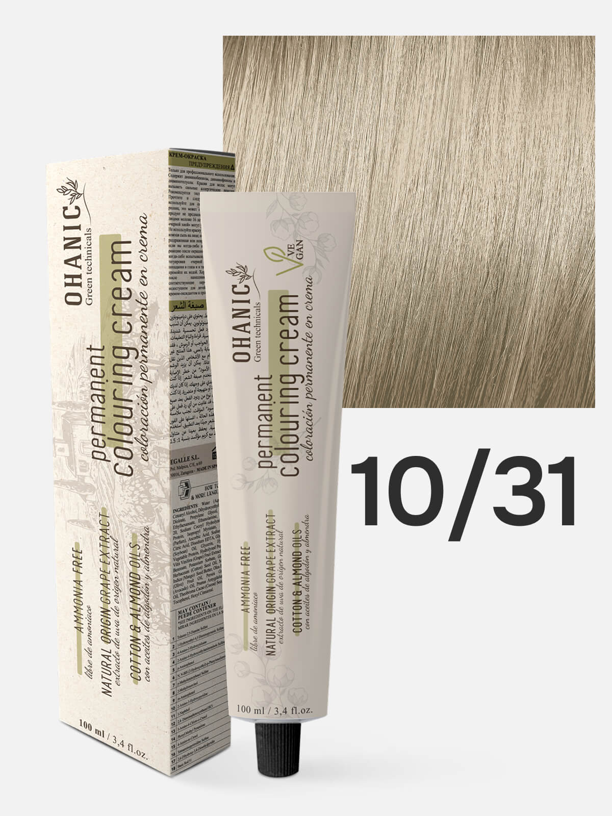 ohanic green technicals Крем краска безаммиачная для волос permanent colouring cream ammonia free 10 экстра светлый блондин 100мл OHANIC GREEN TECHNICALS Крем-краска безаммиачная для волос PERMANENT COLOURING CREAM AMMONIA FREE 10.31 экстра светлый блондин золотисто-пепельн 100мл — изображение 1